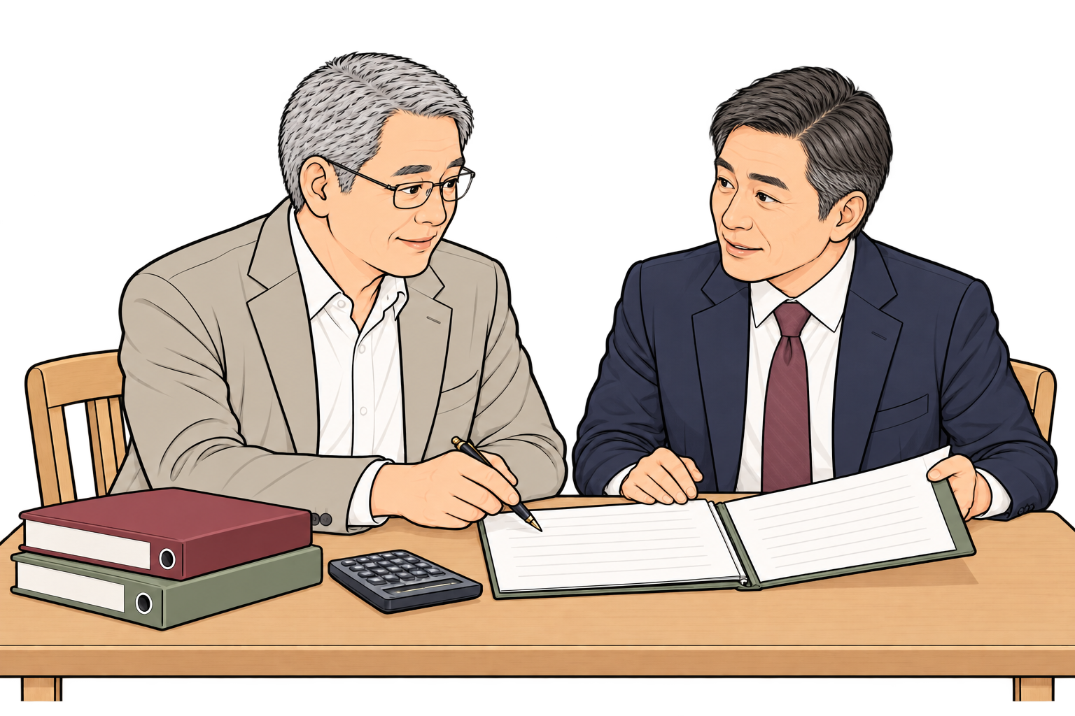 会社のこれからについて資料を見ながら相談する社長と50代の男性コンサルタント