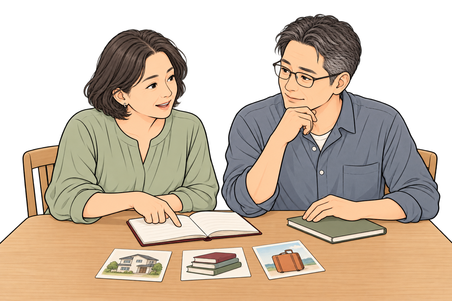 住まいや教育、旅行の希望について話し合う40代の夫婦