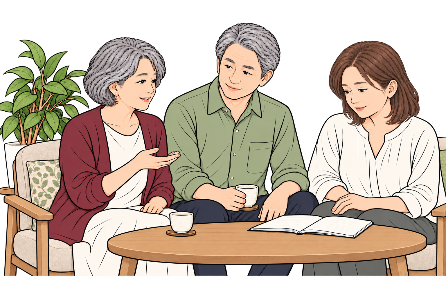 これからの希望を話す母親と、耳を傾ける父親と成人した娘
