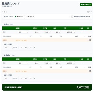 Life Plan COMPASSの教育費画面例