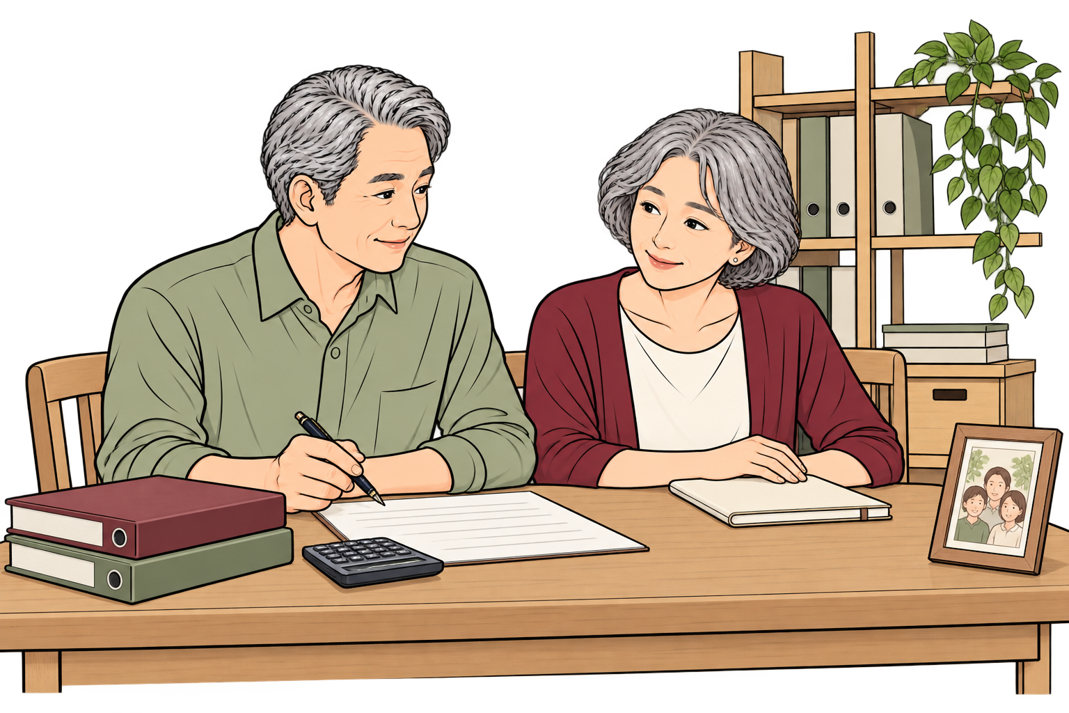 会社の資料を前に、会社と家族のこれからについて話す夫婦